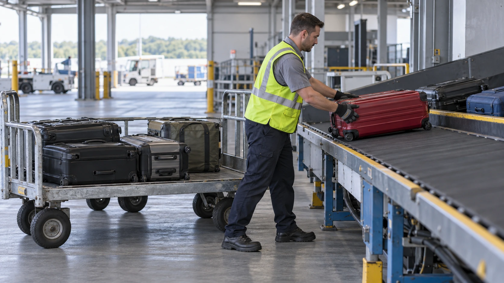 Illustration of a ground worker transferring a red suitcase from a baggage cart onto a conveyor in a covered handling area.