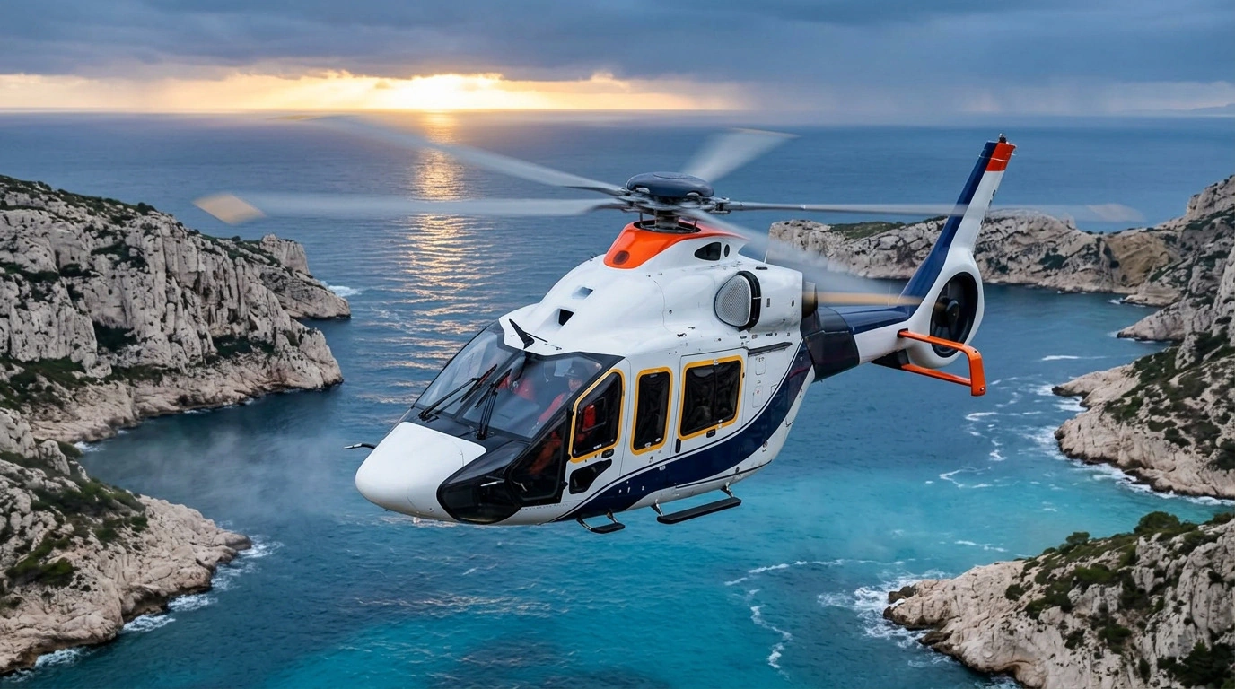 Illustration of a white, navy and orange H160 flying over a limestone Mediterranean coast at dusk.