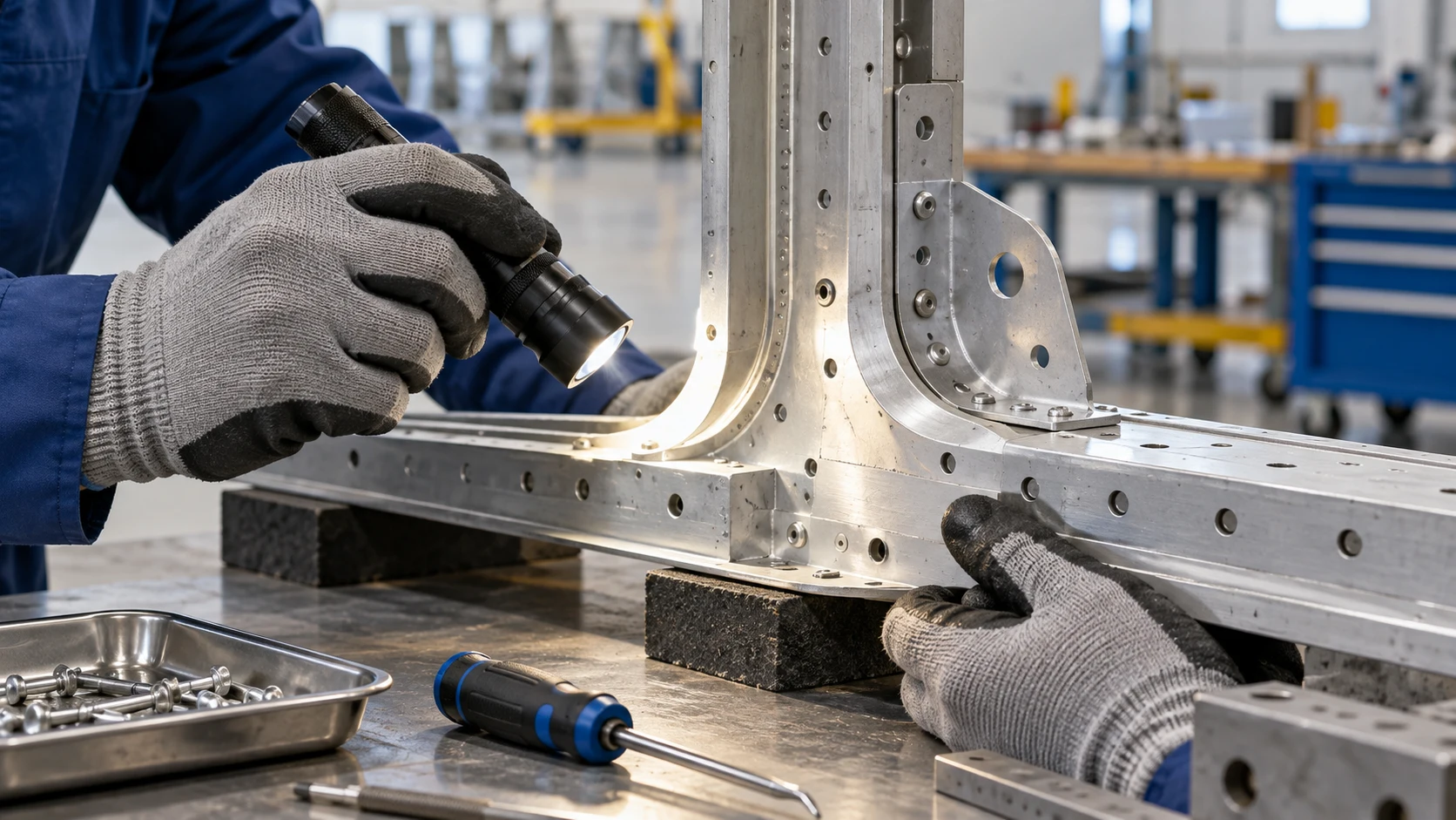 Illustration of a technician inspecting an aircraft structural frame component.