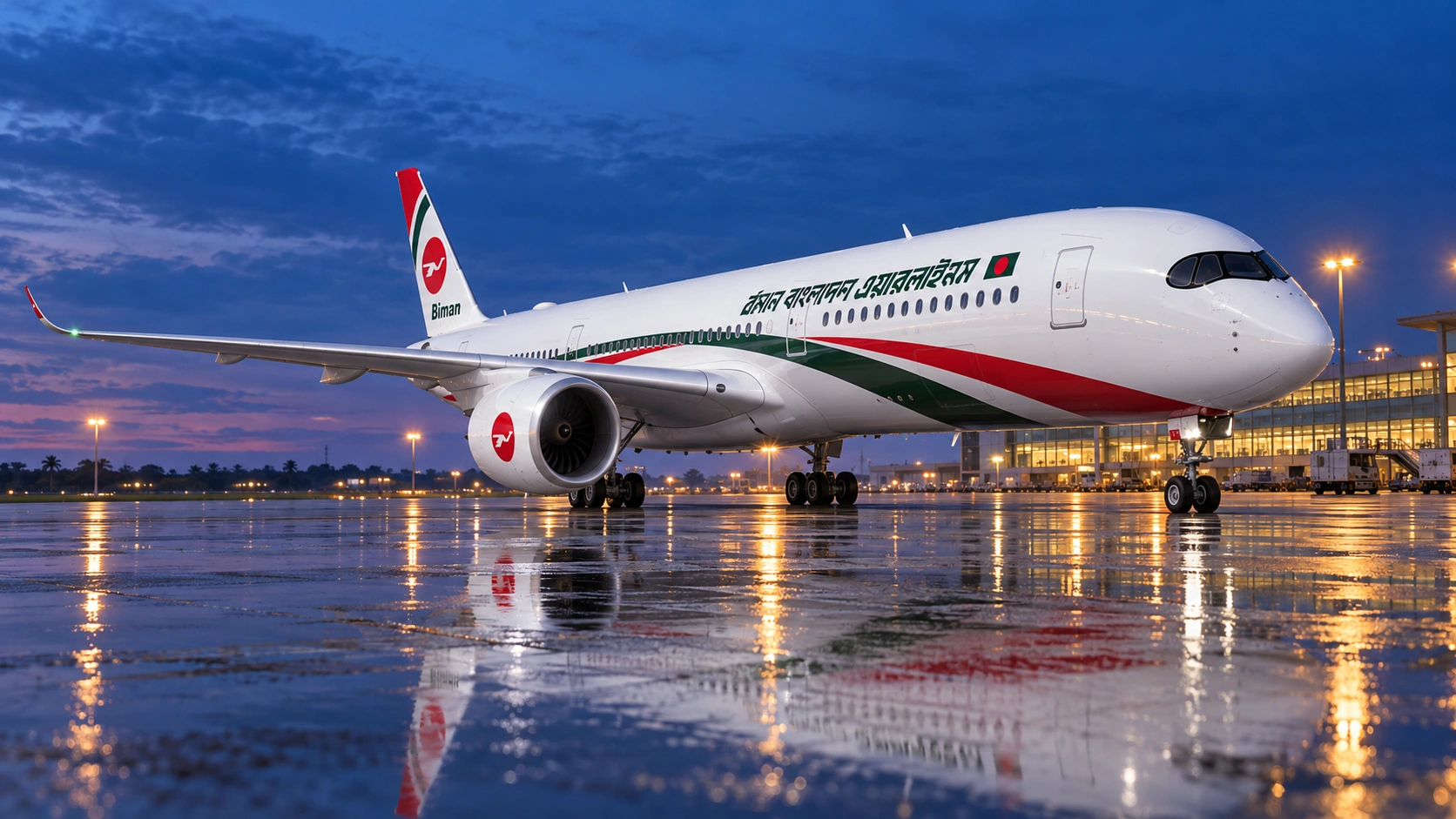 Illustration of a Biman Airbus A350-900 on a wet airport apron at blue hour.