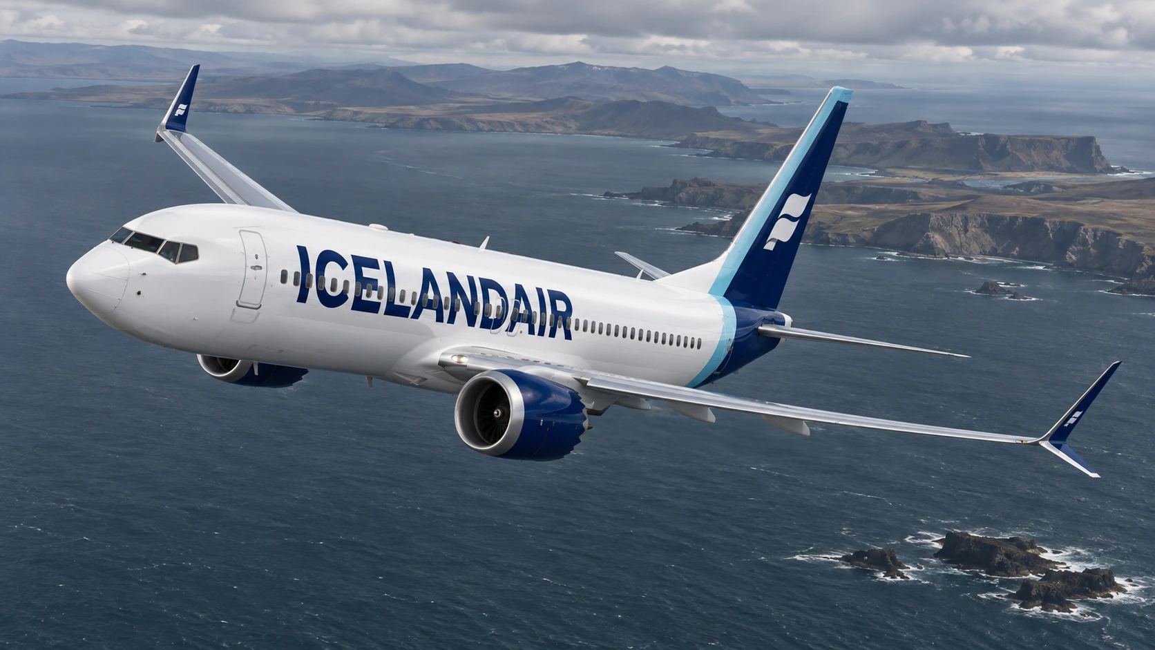 AI illustration of an Icelandair Boeing 737 MAX 8 flying over a rocky coast.