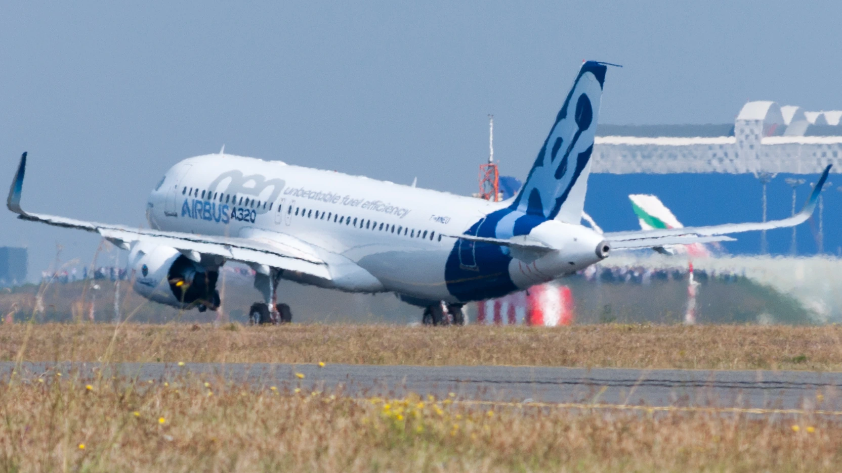 Airbus A320neo prototype viewed from behind on the runway at Toulouse in 2014.