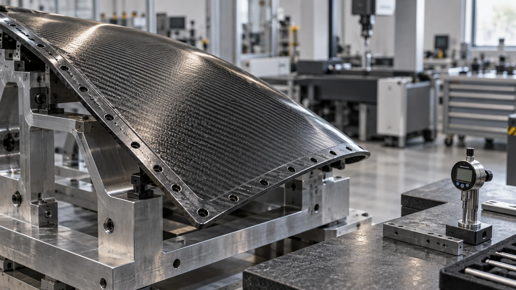 Illustration of carbon-fibre material and mounting holes on a curved component supported by a metal inspection fixture.