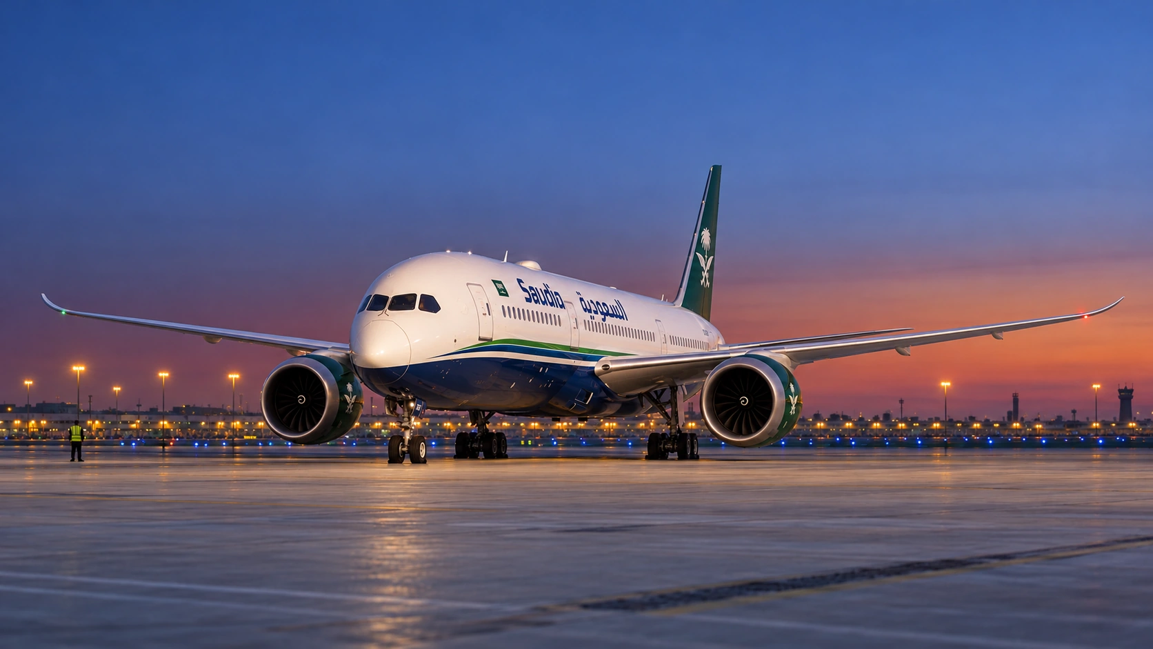 Editorial illustration of an existing Saudia Boeing 787 at dusk, used as fleet context.