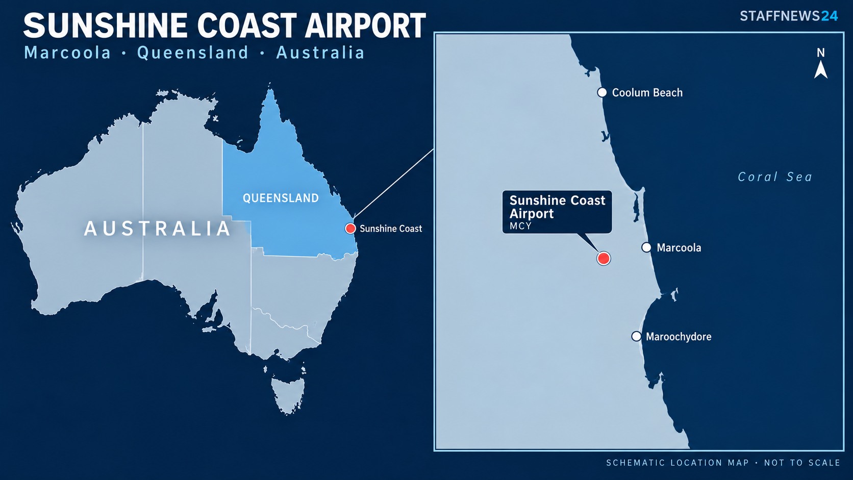 Schematic map locating Sunshine Coast Airport in Marcoola, near Maroochydore in Queensland, Australia.