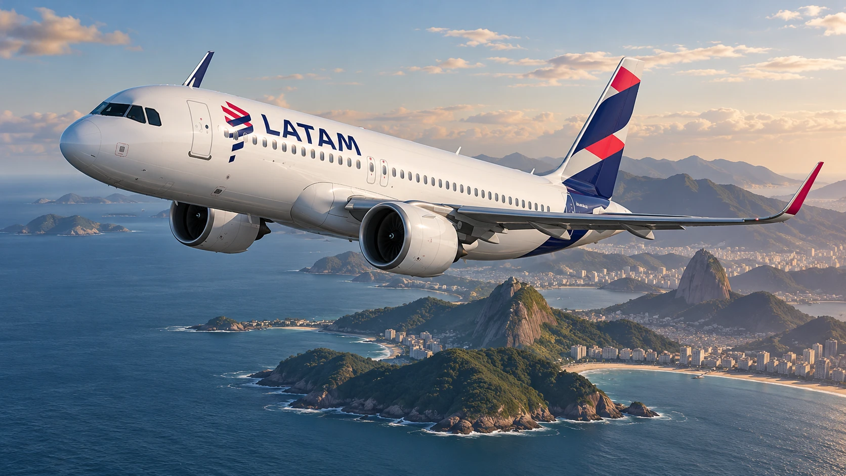 AI illustration of a LATAM Airbus A320neo flying above a coastal landscape.