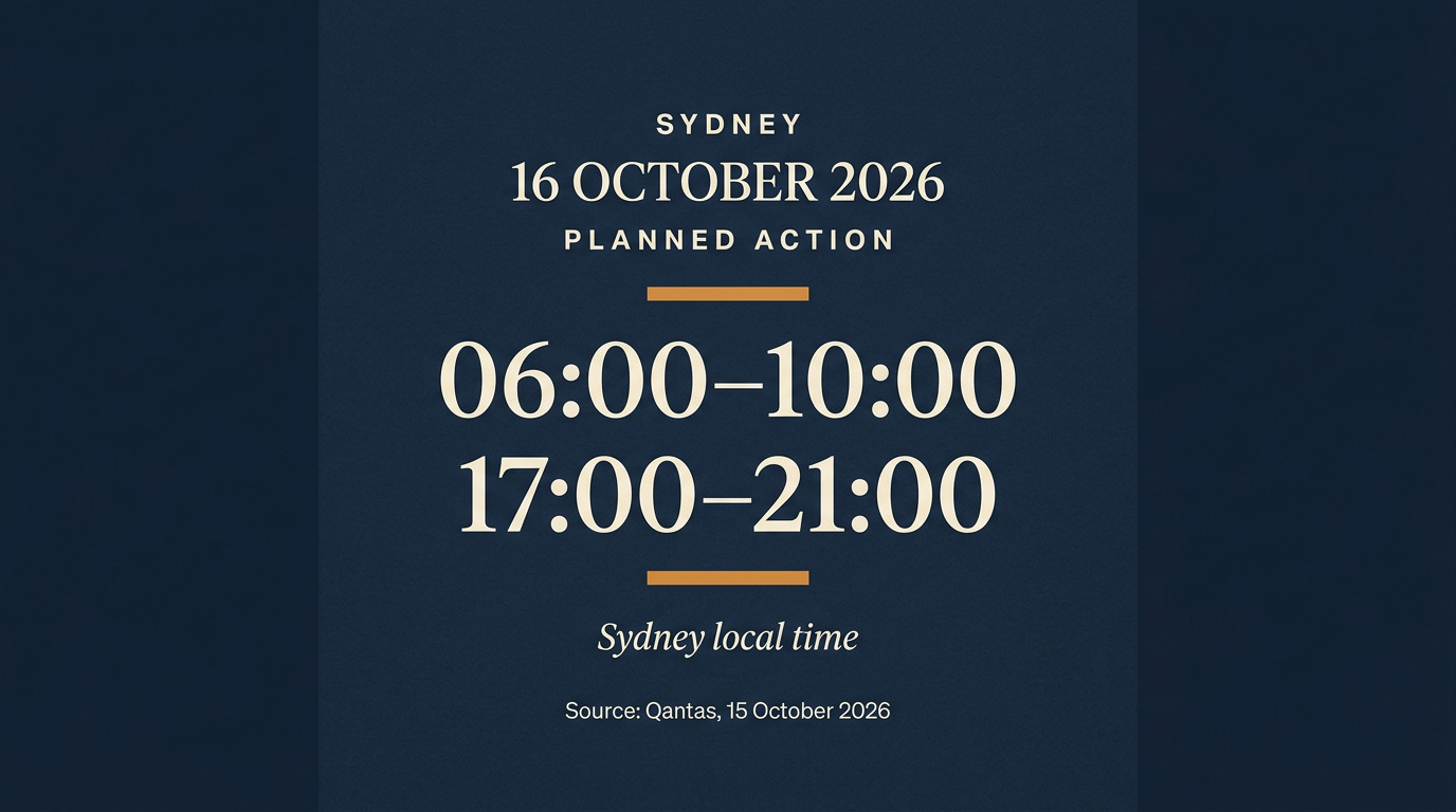 Editorial graphic: Sydney,16October2026,planned action06:00–10:00 and17:00–21:00,Sydney local time. Source:Qantas15October2026.