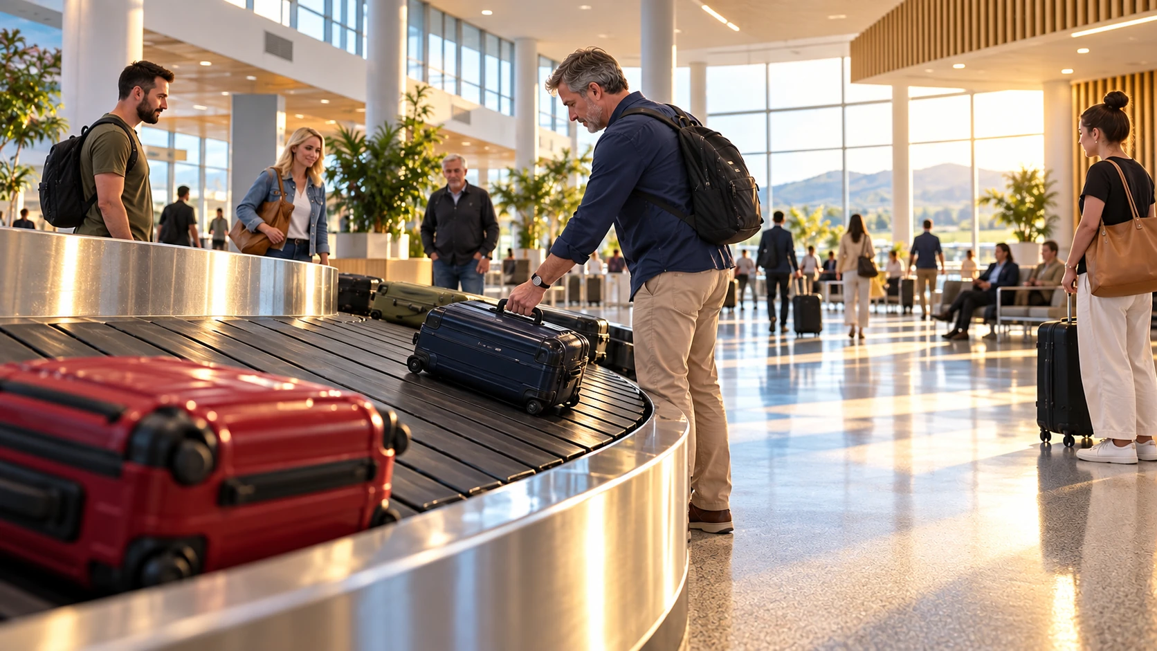 Illustration of travellers collecting luggage in a sunlit airport baggage hall, with a red suitcase in the foreground.