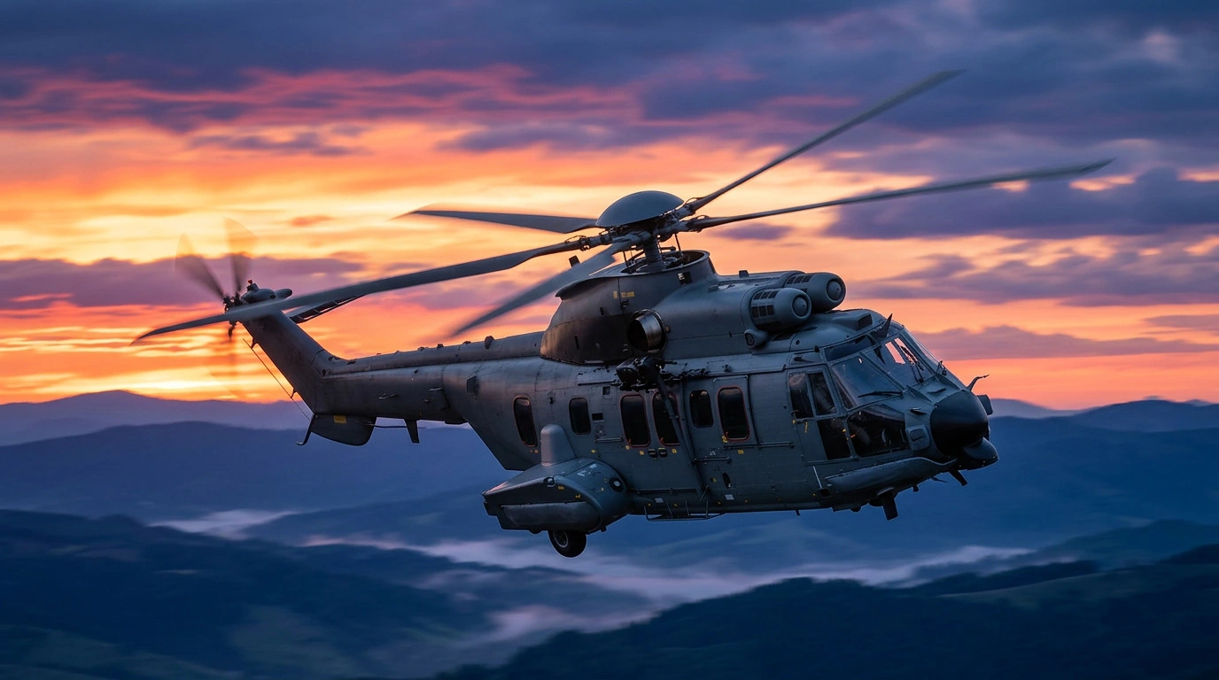 Illustration of an H225M helicopter banking above mountain ridges at sunset.