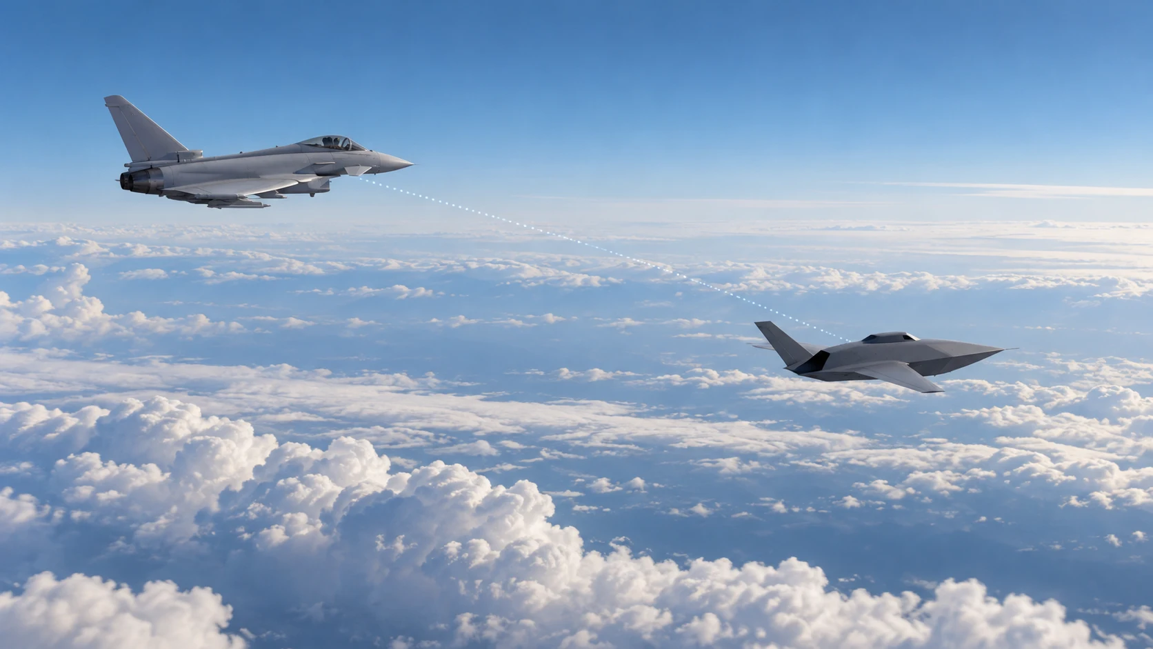 Concept illustration of a crewed fighter coordinating with an uncrewed aircraft.