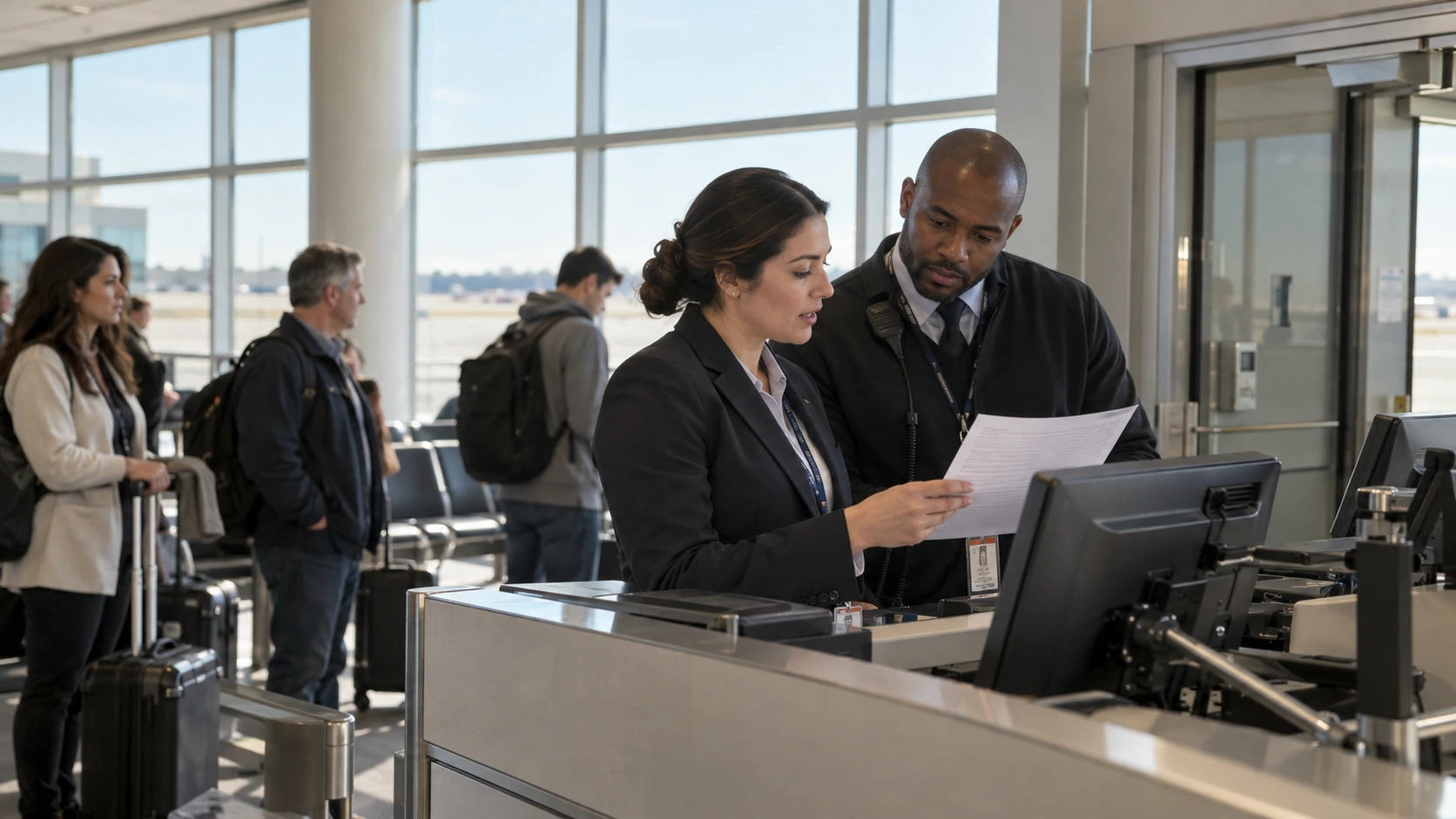 AI illustration of two gate-service employees reviewing paperwork at an airport counter.