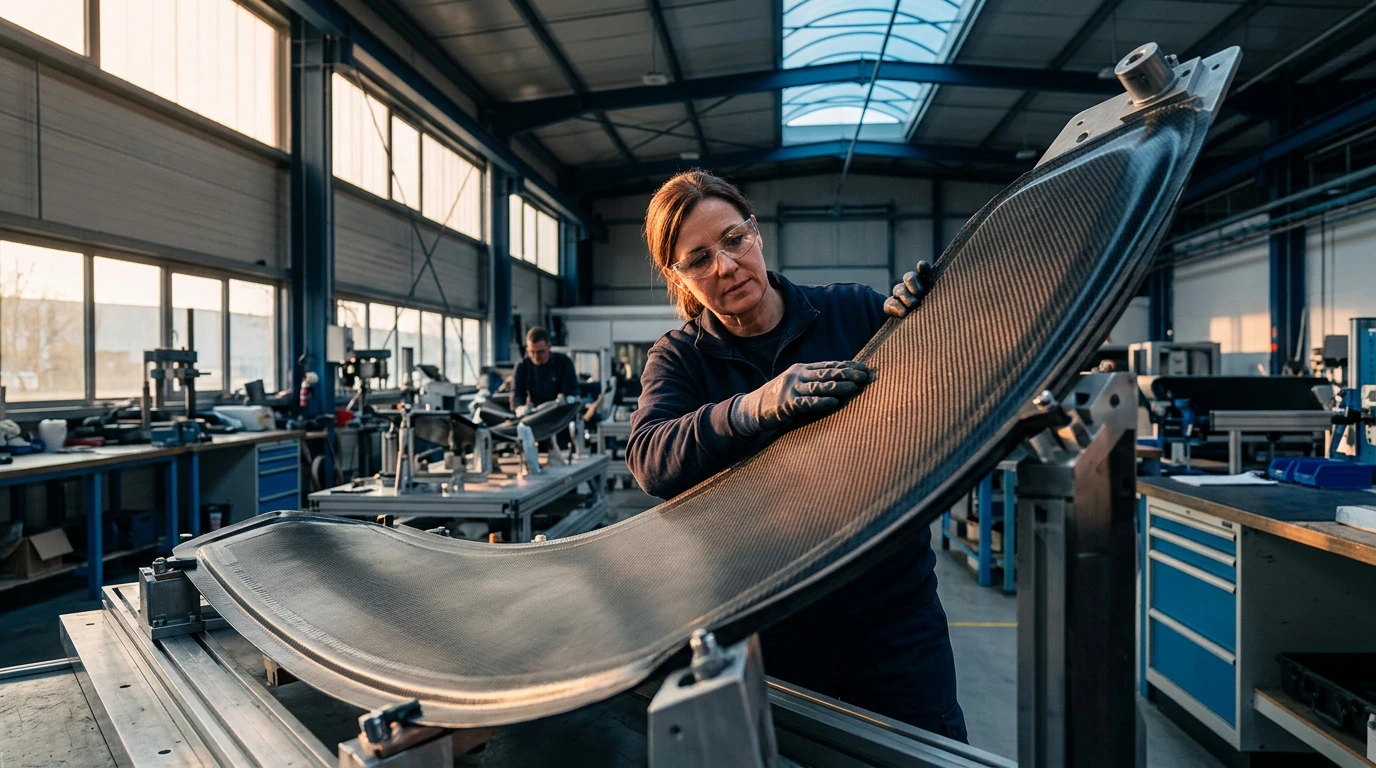 Illustration of a technician inspecting a curved composite panel in a workshop, seen from a low angle in warm side light.
