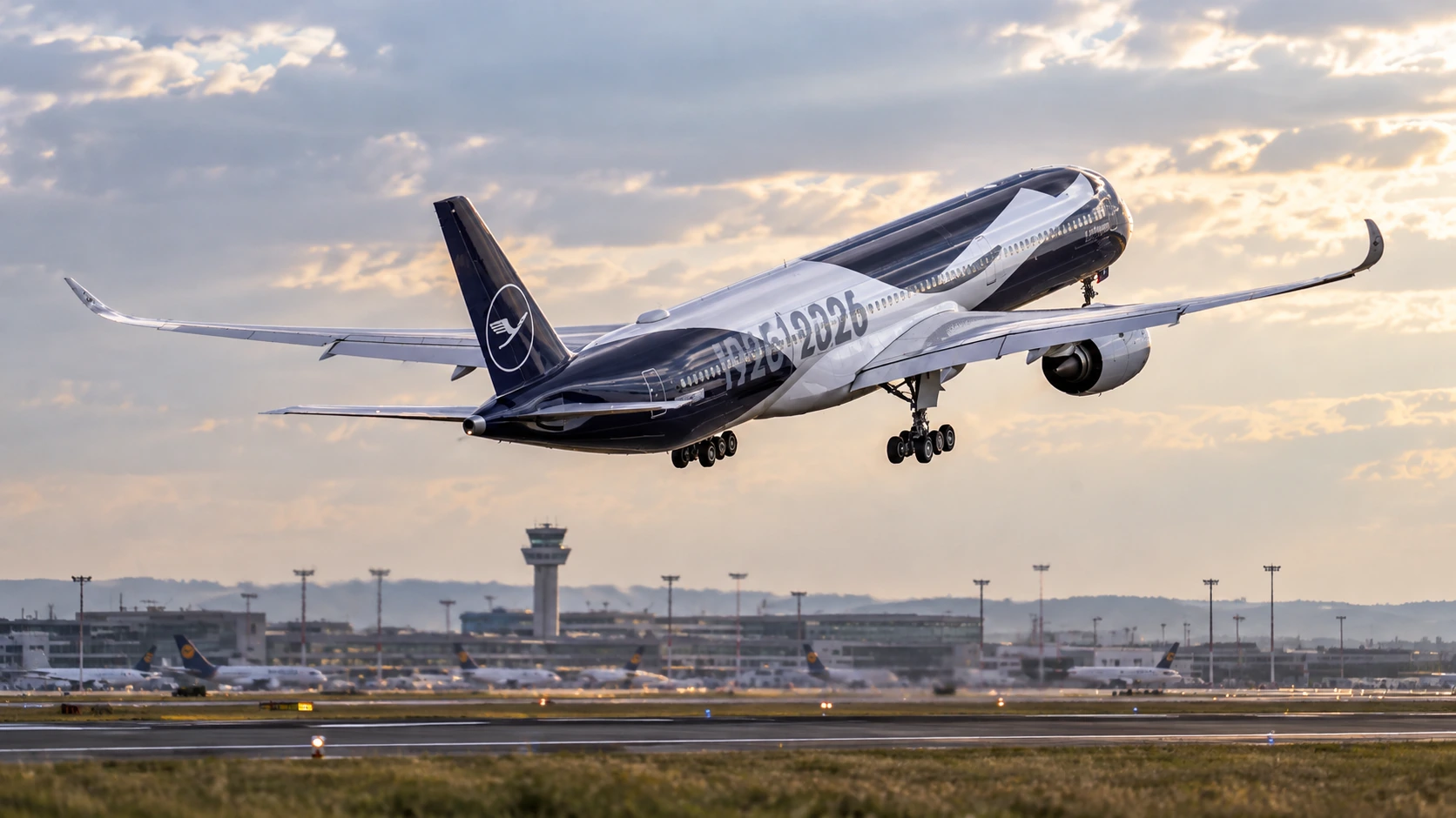 AI illustration of Lufthansa’s Airbus A350-1000 in navy and white centenary livery climbing after takeoff.