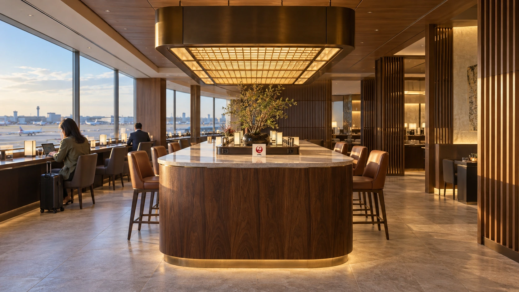 STAFFNEWS24 interpretation of JAL lounge design based on published references, not a photograph of the completed lounge.