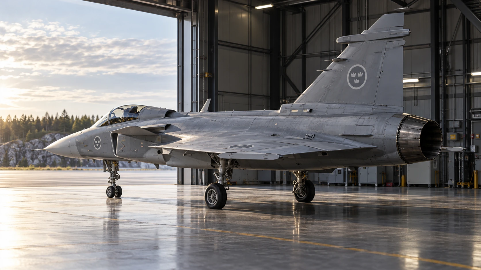 AI illustration of a Swedish Gripen in a hangar, with its engine exhaust prominent.