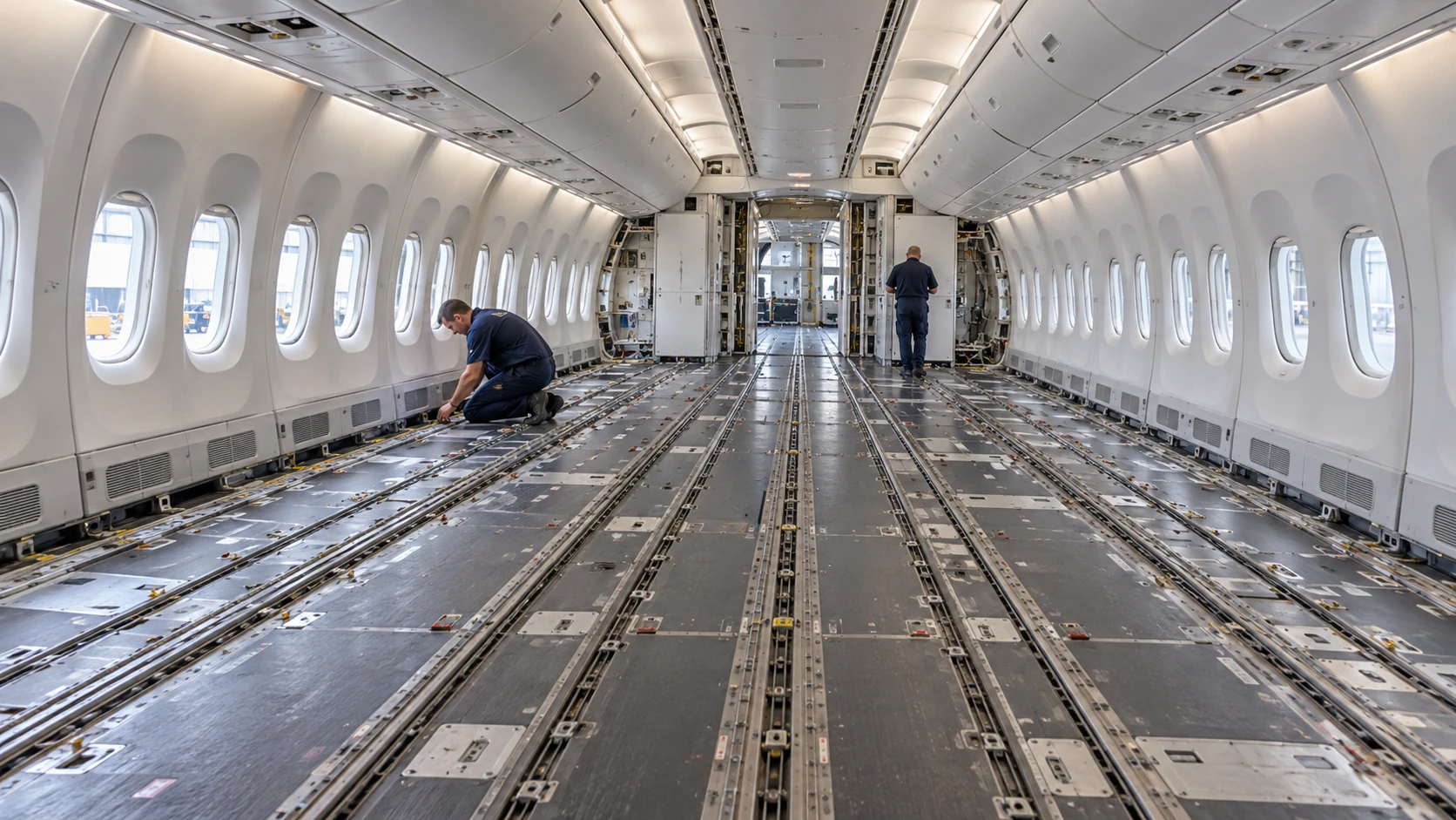 Illustration of technicians working in a stripped widebody aircraft cabin.