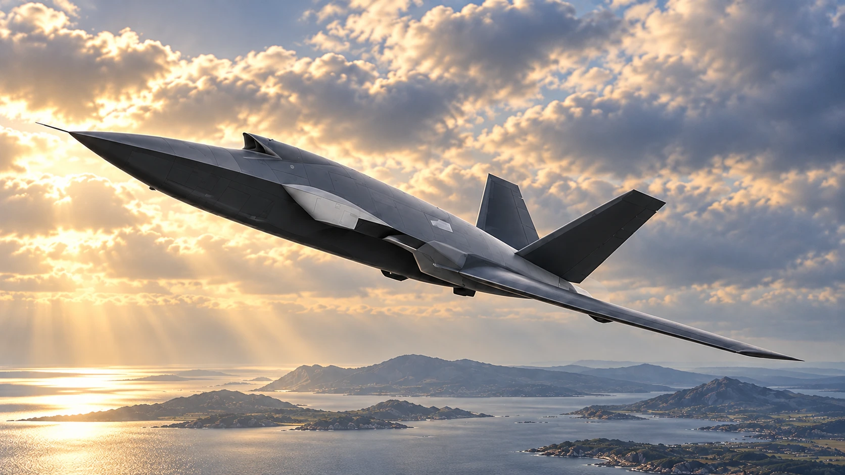 Illustration of an uncrewed Valkyrie aircraft above a northern European coast.