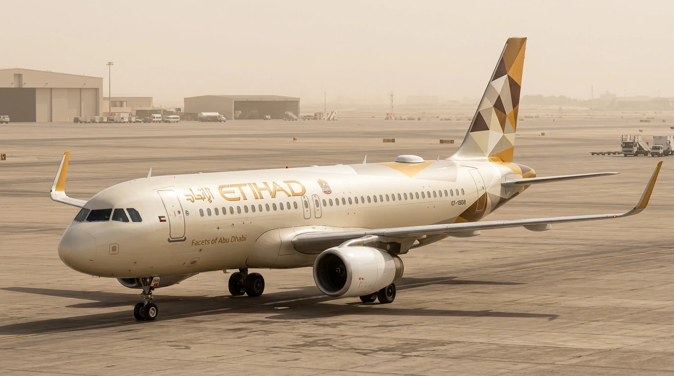 AI illustration of an Etihad Airbus A320neo on an airport apron in hazy daylight.