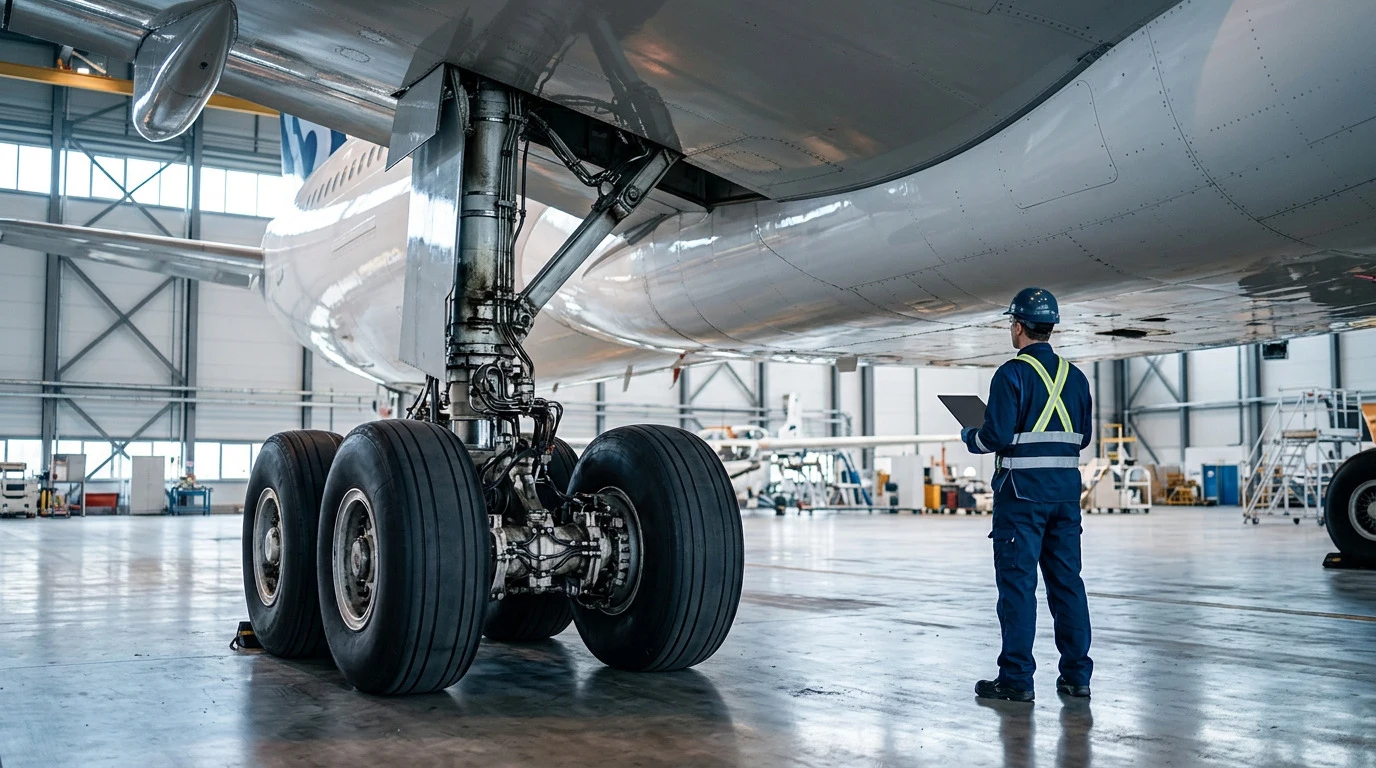 Illustration of an aircraft technician examining a main landing gear in a hangar.