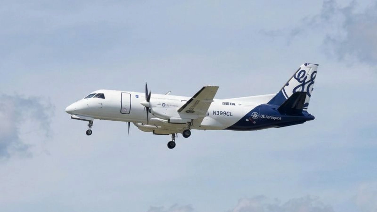 AI illustration of the GE Aerospace Saab 340B N399CL testbed, with low-mounted wings and landing gear extended.