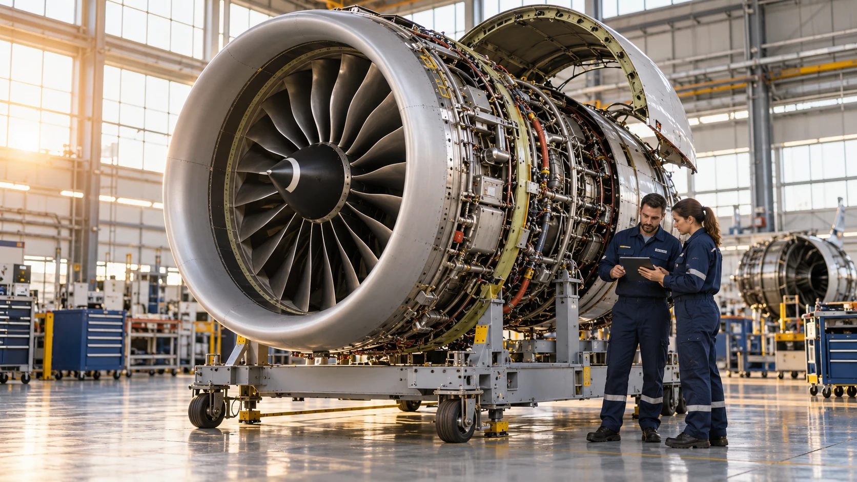 AI illustration of technicians inspecting an off-wing turbofan engine in a maintenance workshop.