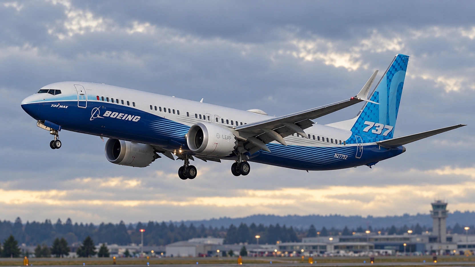 AI illustration of Boeing 737 MAX 10 demonstrator N27752 approaching with landing gear down under an overcast sky.
