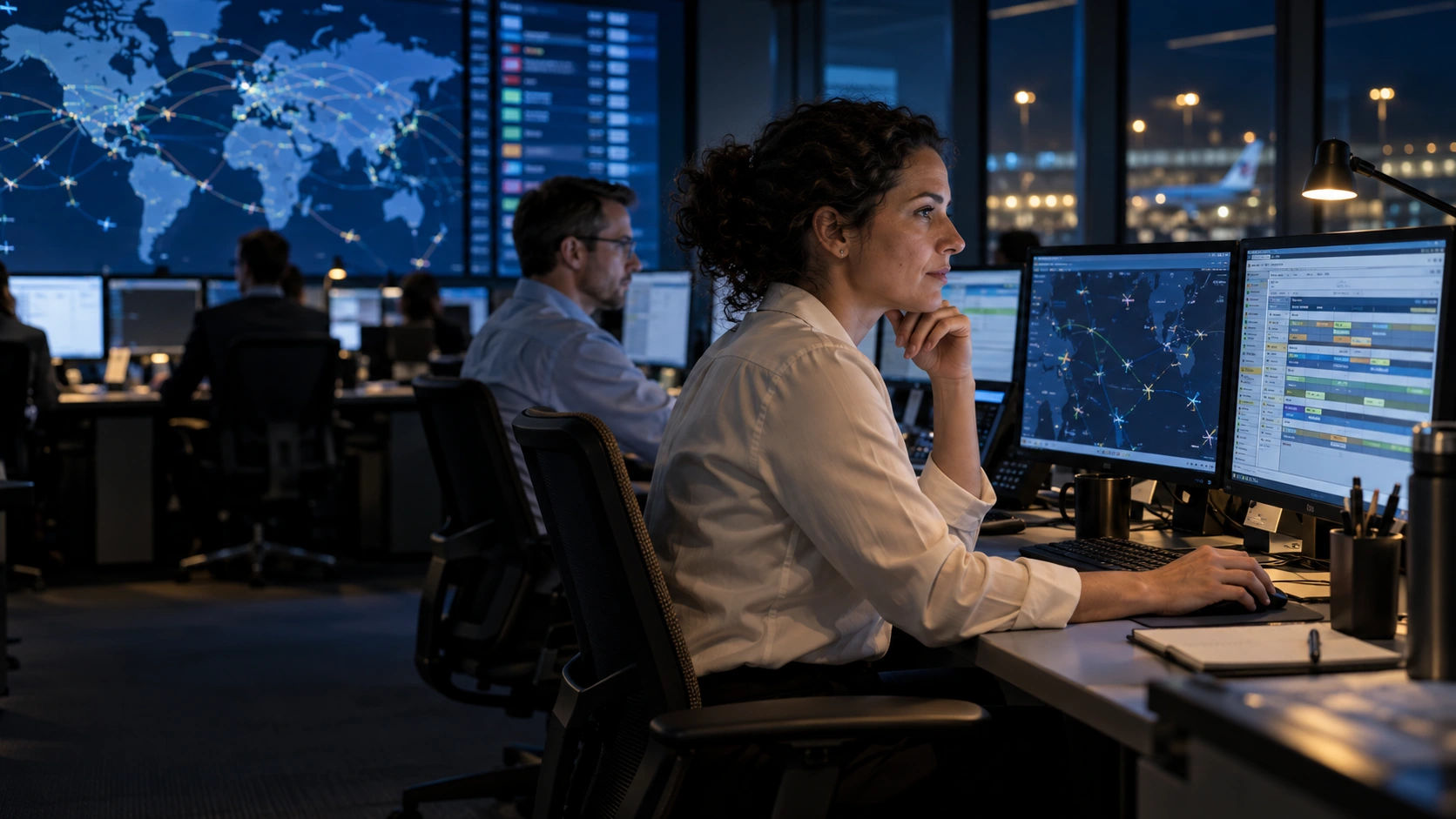 Editorial illustration of an airline operations controller assessing flight schedules at night.
