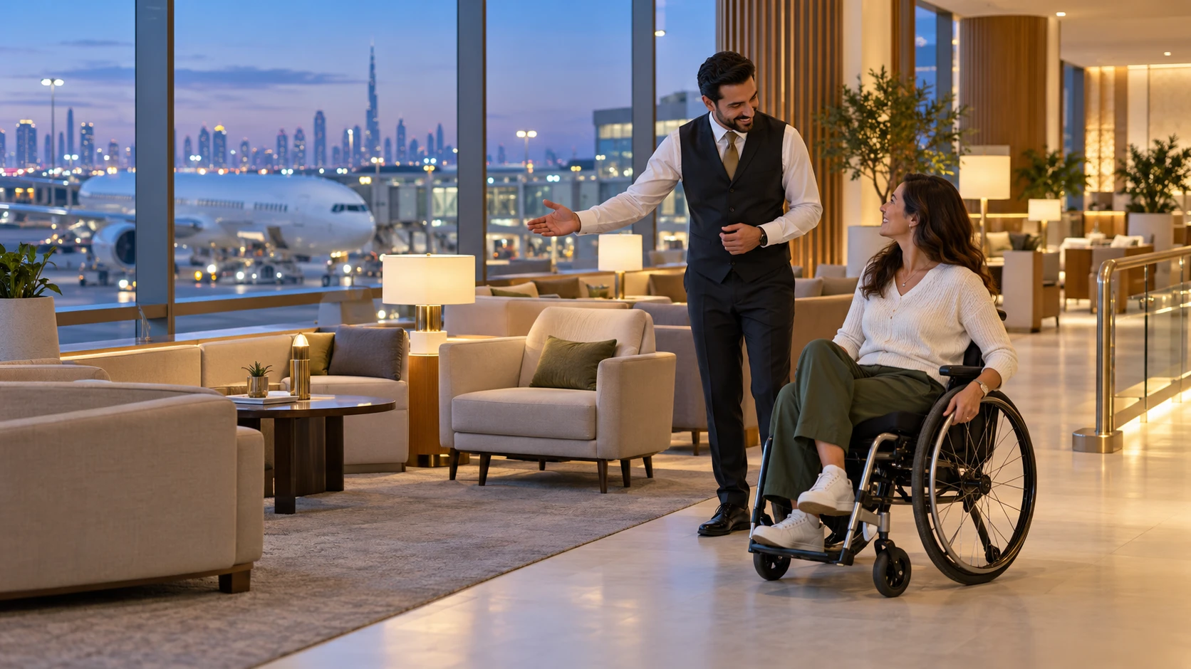 AI illustration of a wheelchair user and lounge host in a spacious airport lounge.