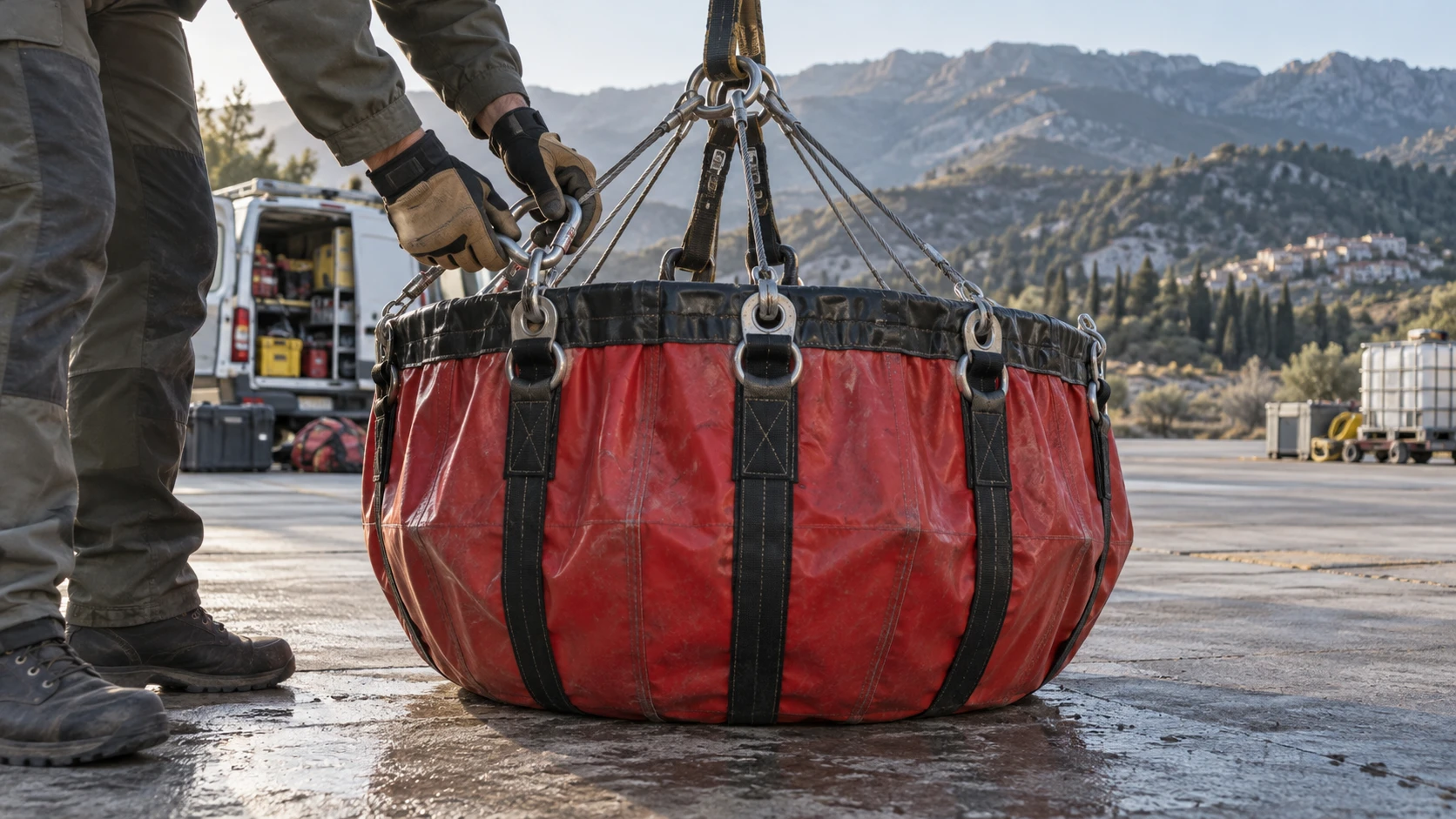 Illustration of a ground worker inspecting helicopter firefighting bucket rigging.