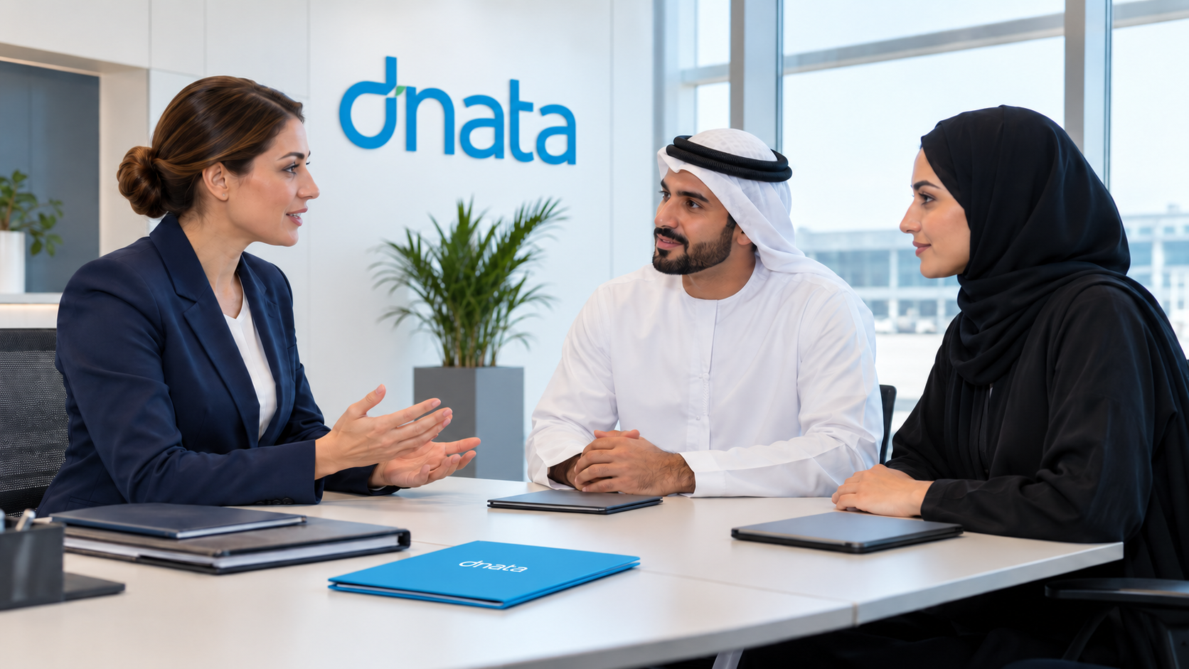 AI illustration of a career discussion with dnata branding and fictional participants; not a photograph of the Ru'ya event.