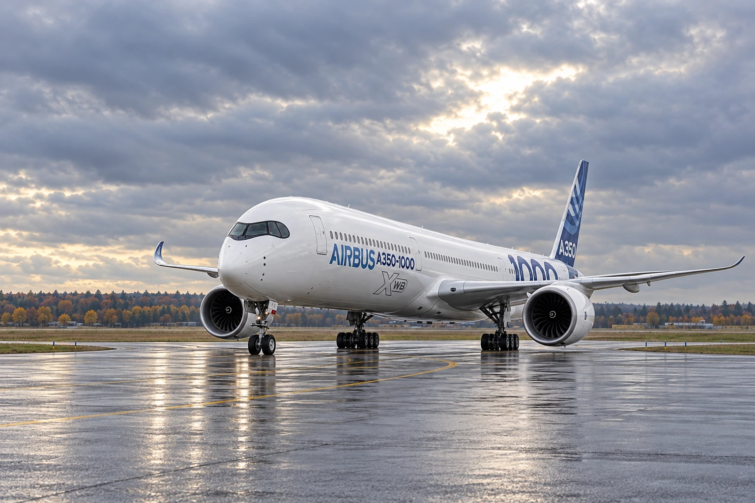 Illustration of an Airbus A350-1000 test aircraft on a damp taxiway beneath an overcast sky.