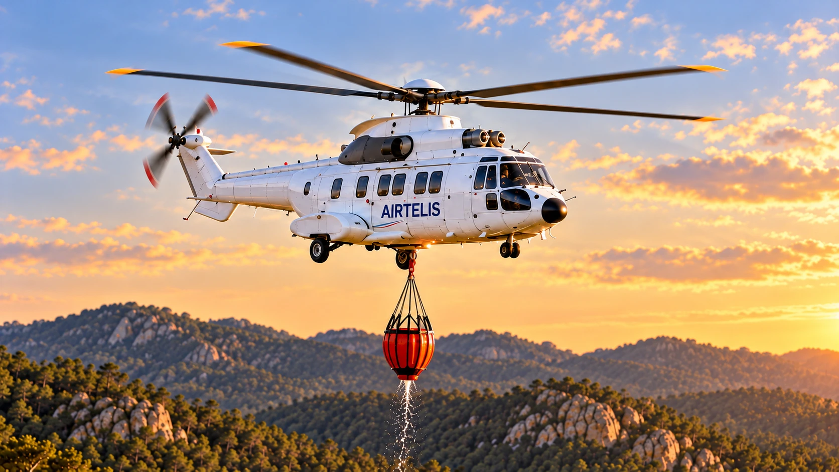 Illustration of an Airtelis Super Puma carrying a firefighting bucket over wooded hills.