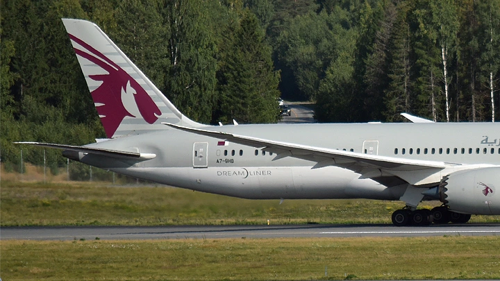 Archive detail of Qatar Airways Boeing787-9 A7-BHB tail and rear fuselage at Oslo,August2022. Airline/type context; aircraft not identified as financed.