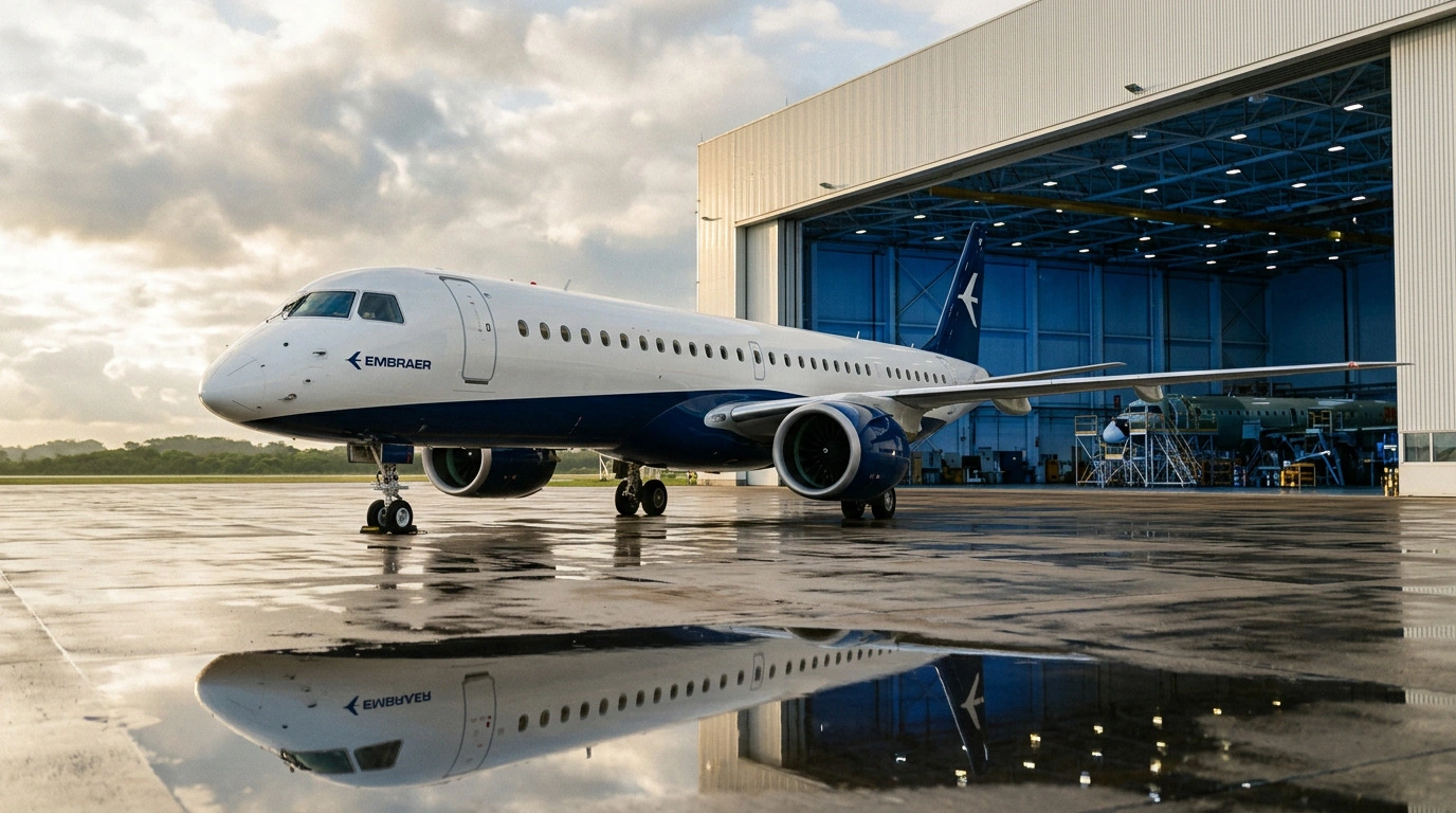 Illustration of an Embraer E195-E2 outside a hangar, reflected in a rain-soaked apron in warm evening light.