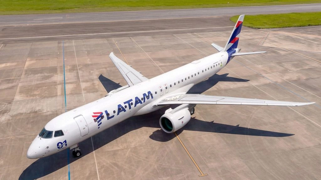 Reference-based AI illustration of a LATAM Embraer E195-E2 parked on an apron, viewed from an elevated front angle.