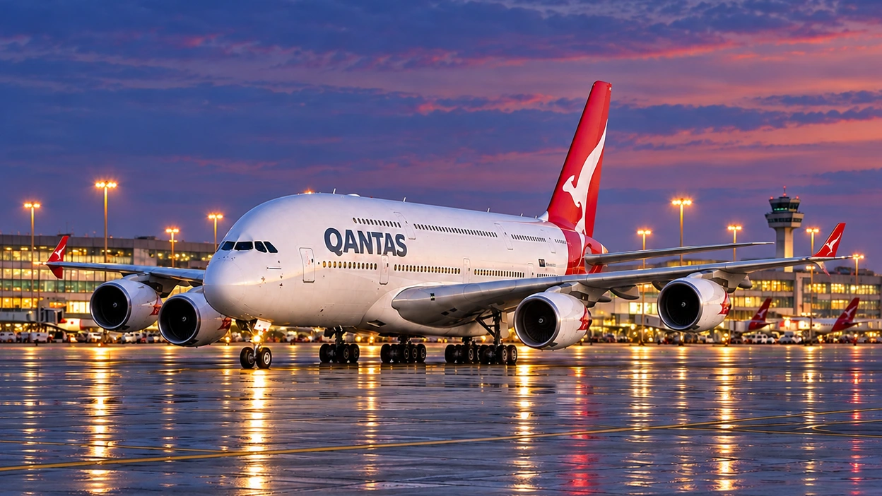 Illustration of a Qantas Airbus A380 on an airport apron at blue hour.