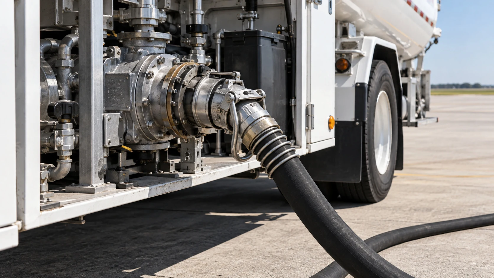 Illustration of a fuel truck coupling and hose at an airport.