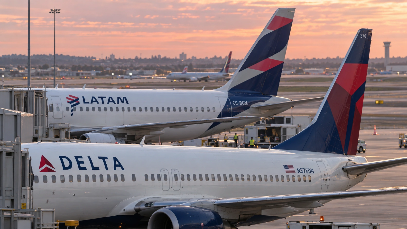 Editorial illustration: Delta and LATAM’s joint venture links North and South America through a growing shared network.