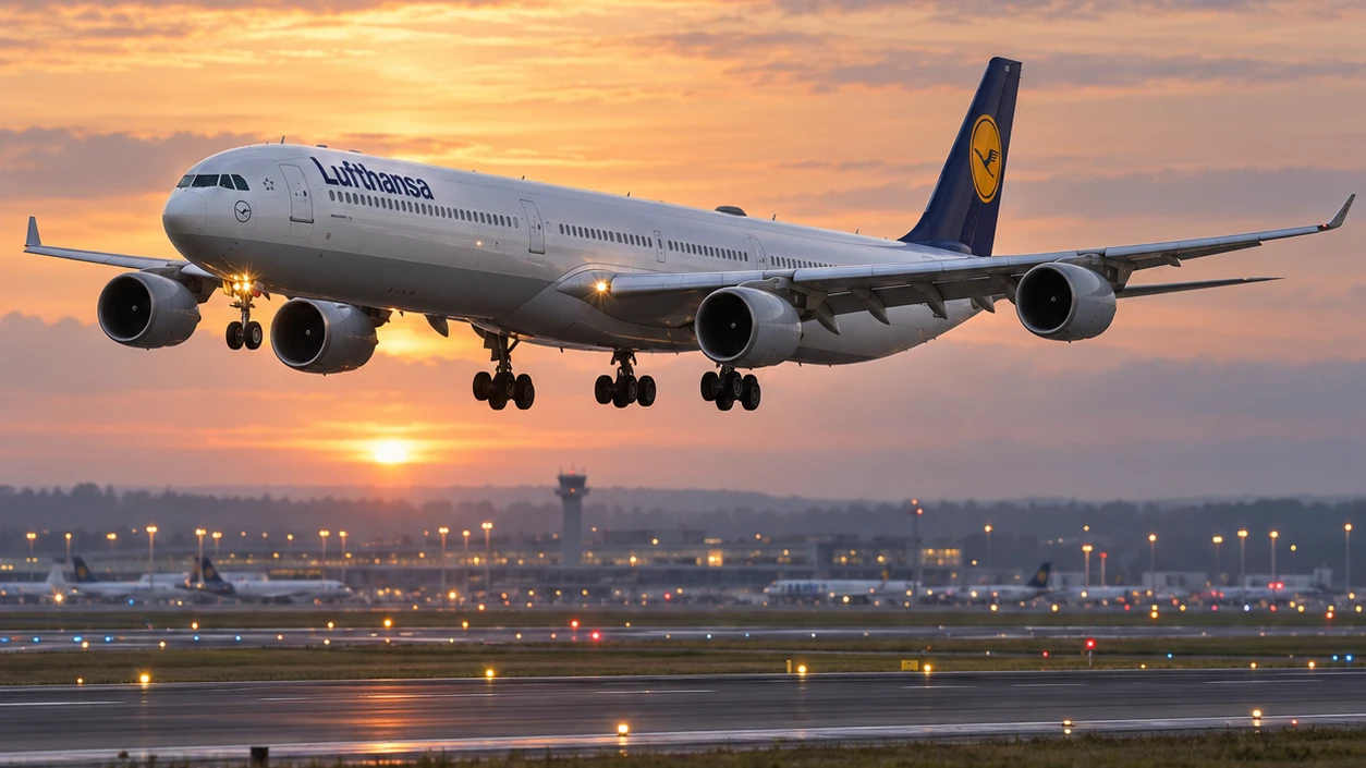 Lufthansa Airbus A340-600 approaching a runway, illustrated.