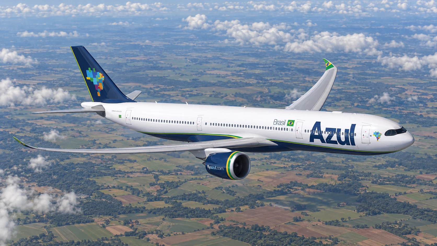 AI illustration of an Azul Airbus A330neo flying above a landscape of farmland.