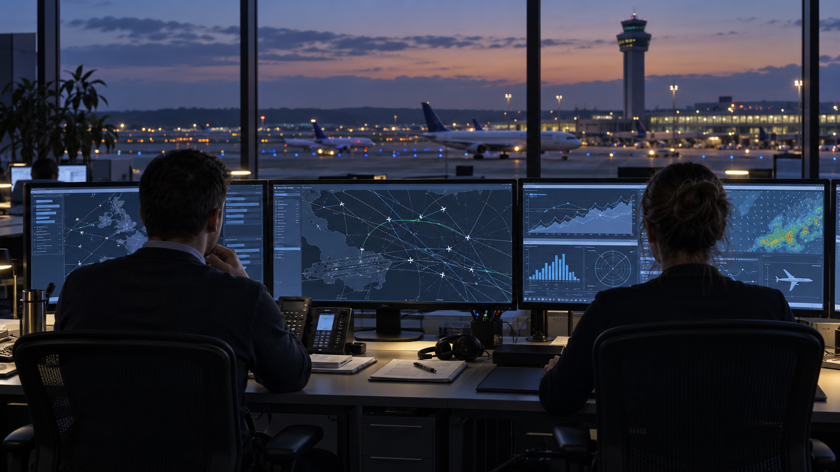 AI illustration of aviation professionals reviewing route and environmental information in an operations workspace.