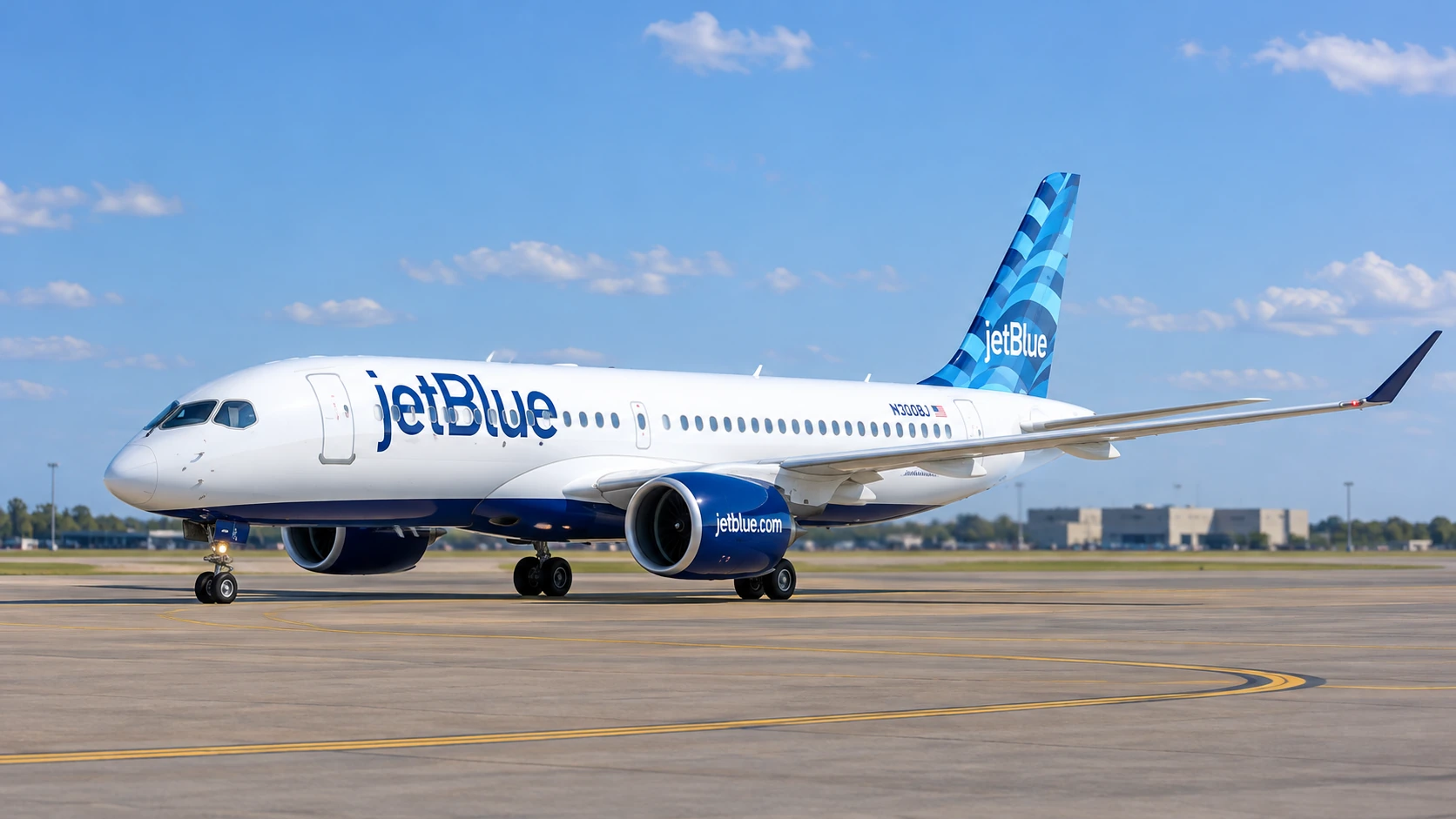 AI illustration of a JetBlue Airbus A220 on a dry airport apron in daylight.