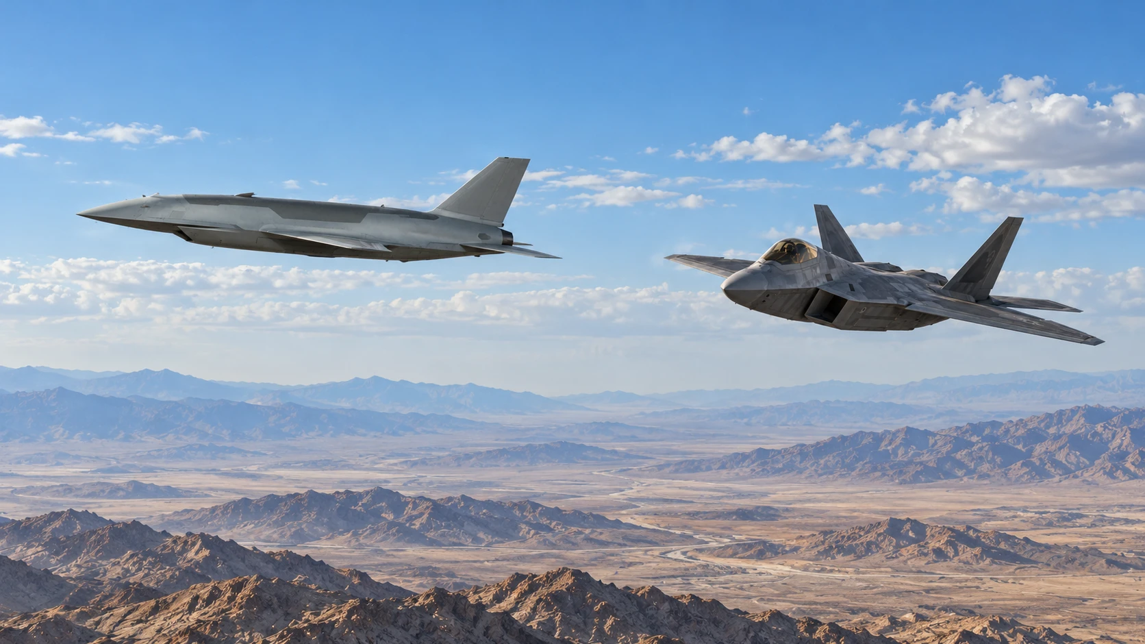 AI illustration of a YFQ-44A Fury ahead of an F-22 Raptor in flight.
