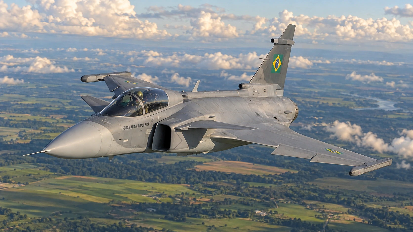Editorial illustration: Brazilian Gripen E production moves into flight testing before delivery acceptance.