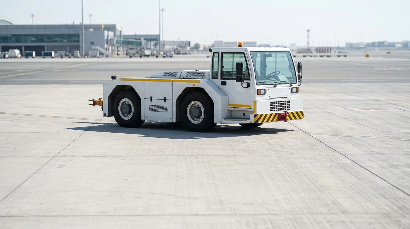 Illustration of a generic airport pushback tractor parked on a sunlit apron.