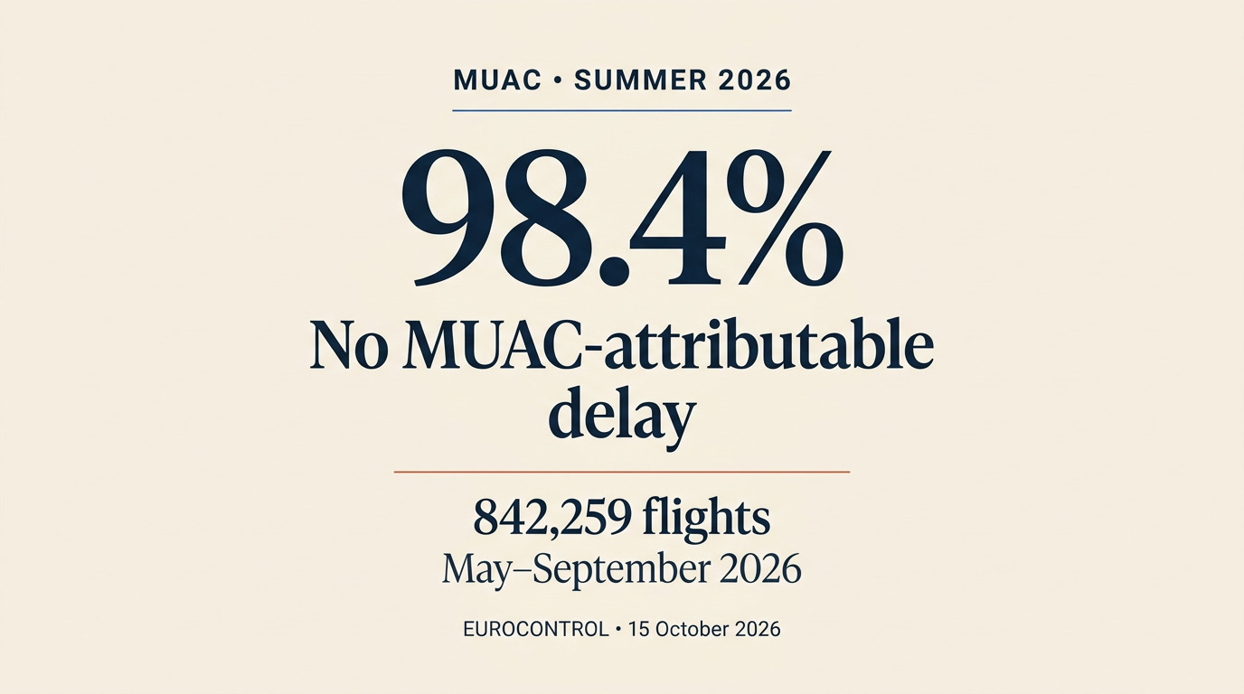 MUAC summer2026:98.4percent of flights with noMUAC-attributable delay;842259flights May–September2026. EUROCONTROL15October2026.