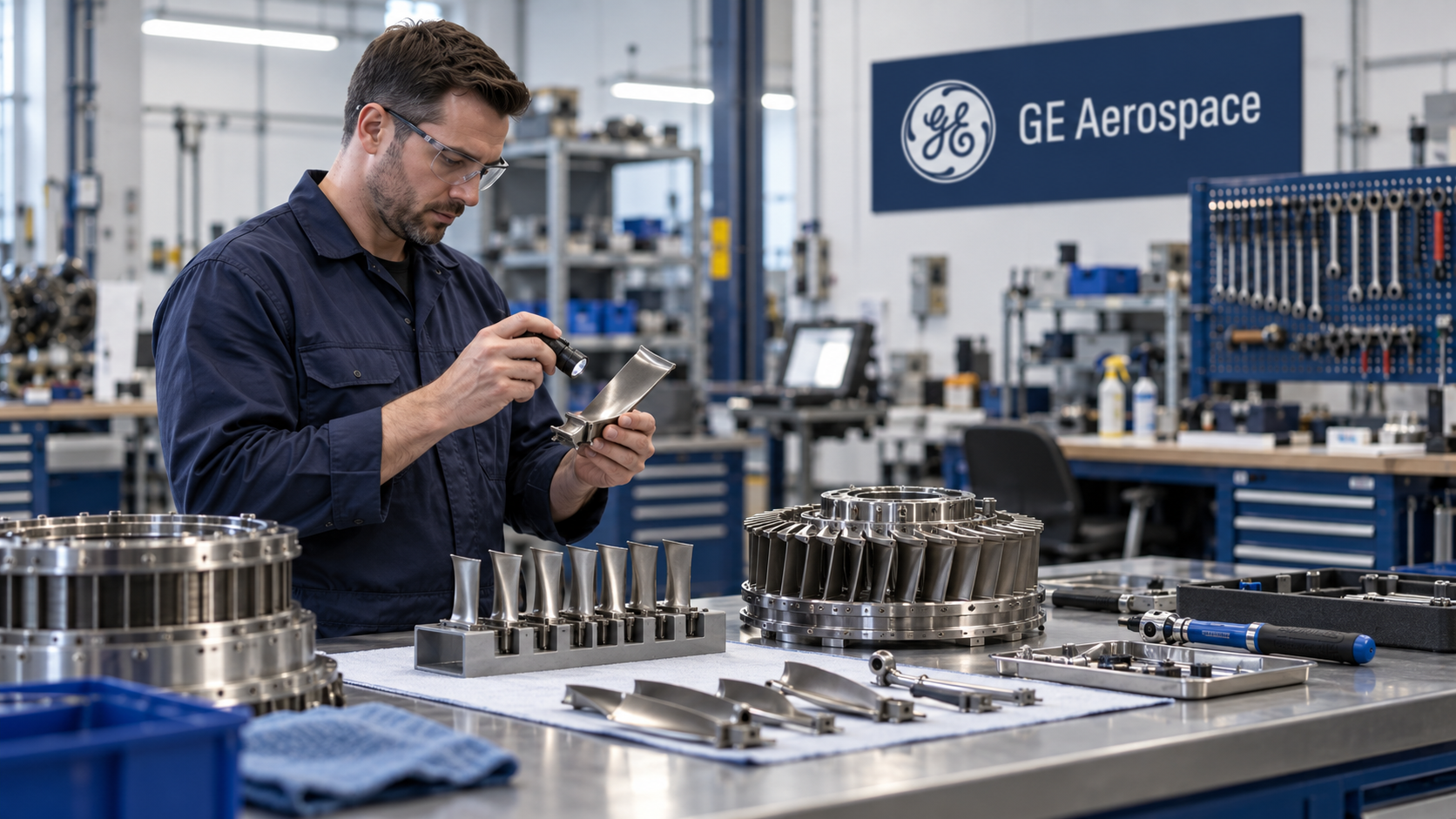 AI illustration of turbine-component inspection in a workshop with GE Aerospace branding.