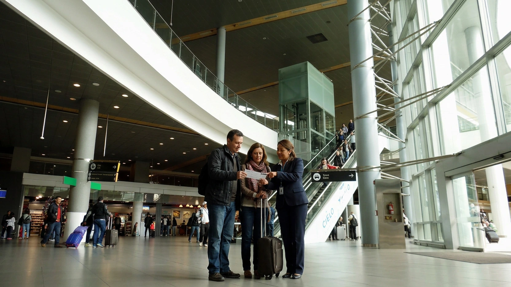 Illustration of an airport assistant explaining a travel document to two fictional travellers in a terminal.