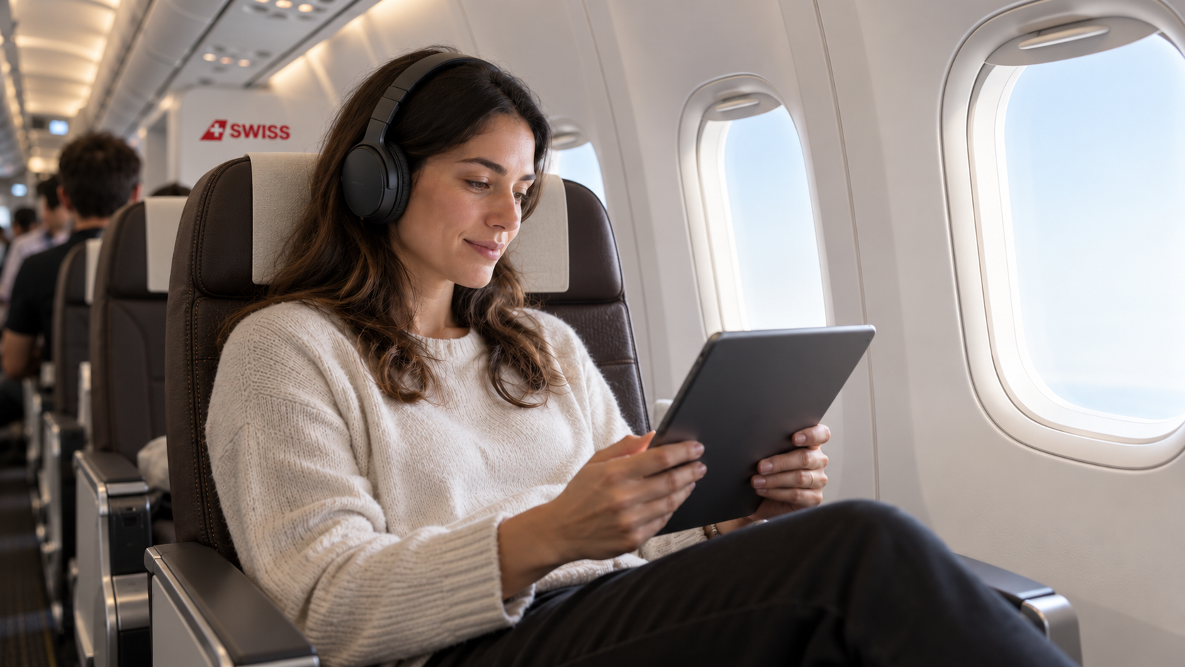 AI illustration of a passenger using a tablet in a SWISS-style A320neo cabin with dark seats and cream headrest covers.