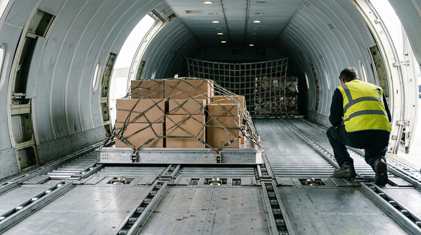 Illustration of a technician checking a cargo pallet in a freighter main deck.